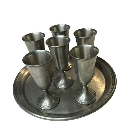 Preisner Pewter No.2023 Tray 8 inch and 6 Cordial Goblet Cups 3.75 inches Tall - Picture 12 of 12